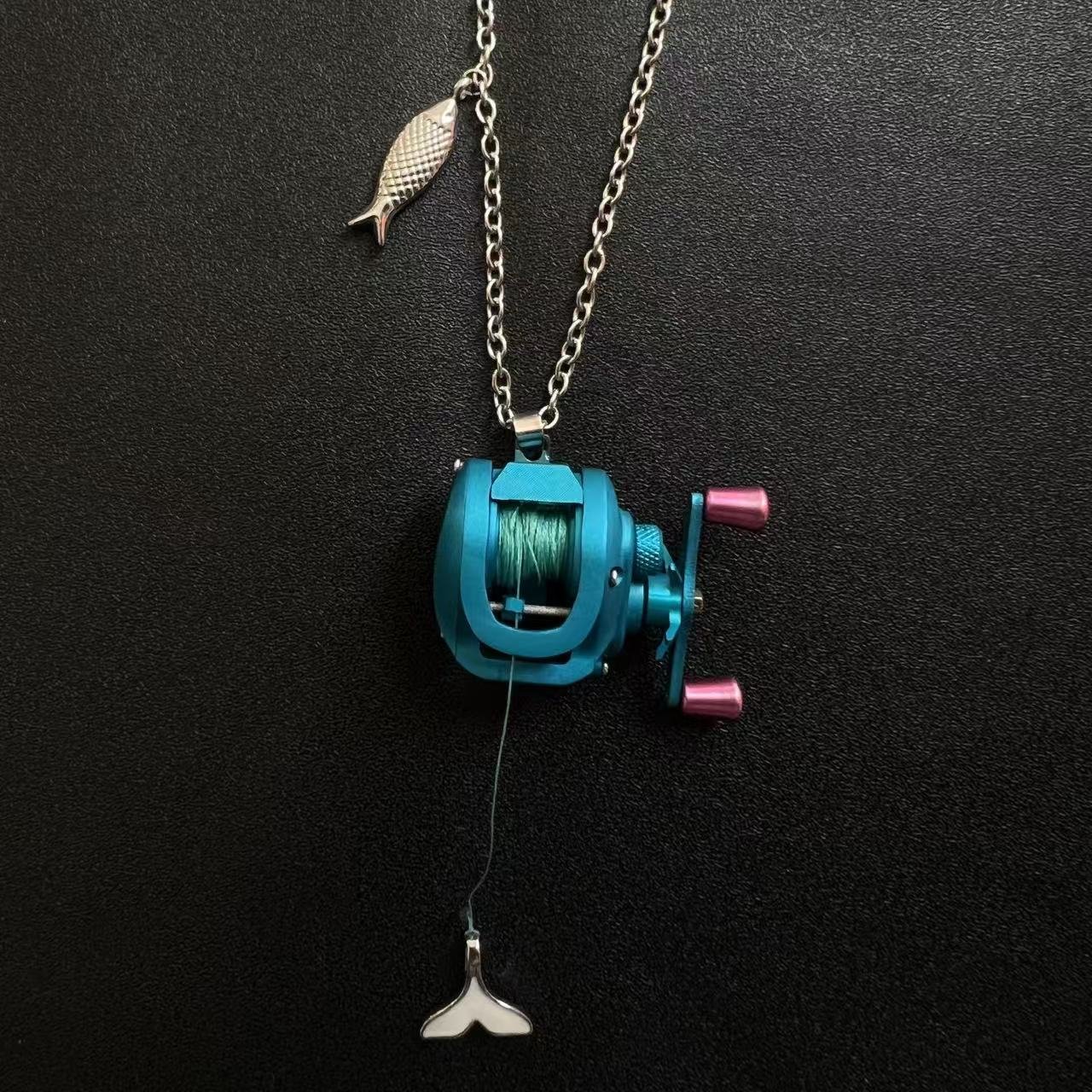 Mini Baitcasting Reel Necklace-Teal Blue 1.0